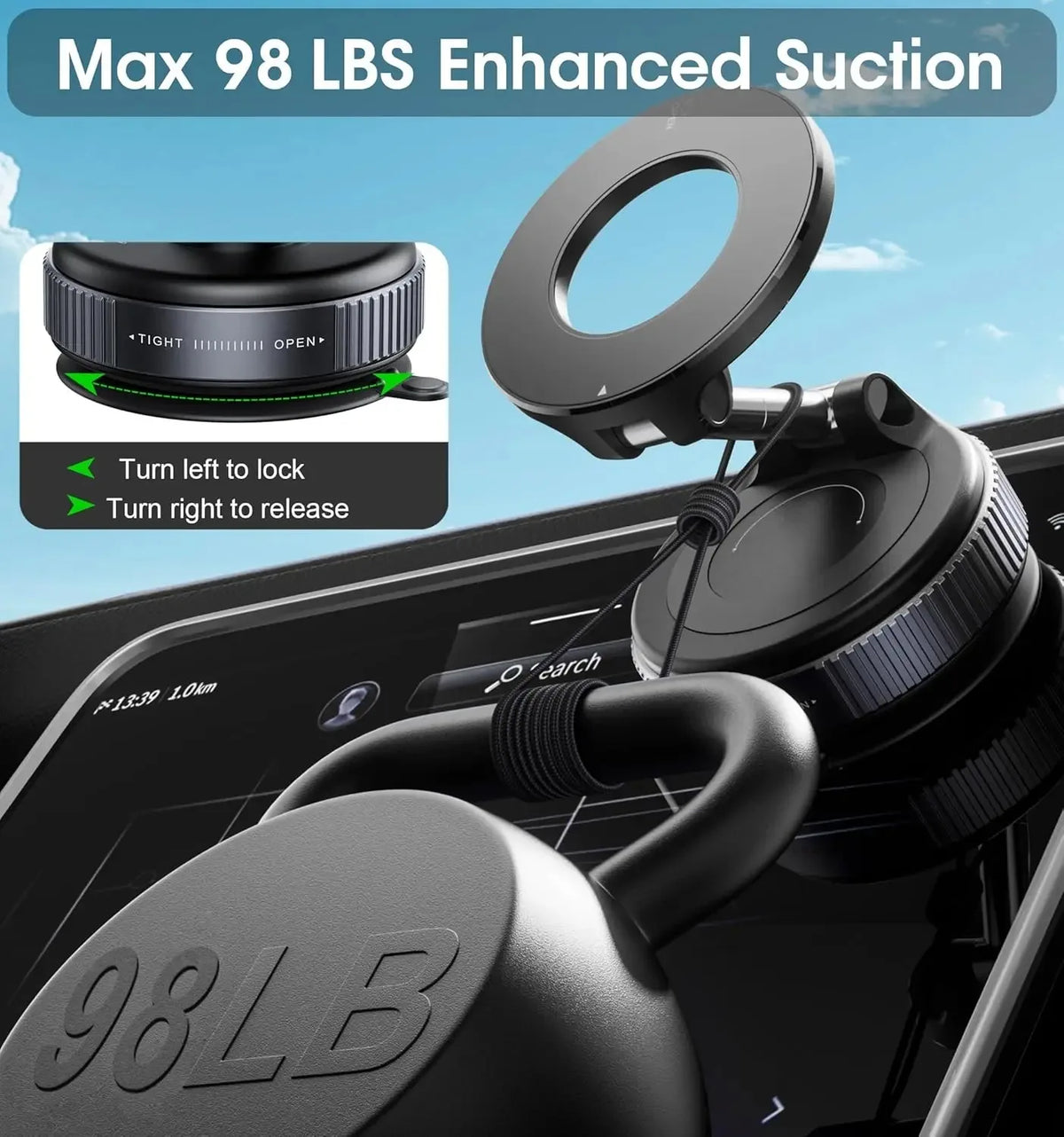 Magnetic Car Phone Holder Vacuum Suction MagSafe Mount 360° Rotation Dashboard for iPhone 17 16 15 14 13 12 GPS Navigation